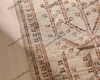 Beige Botanischer Teppich für Wohnzimmer, Wohnzimmerteppich, Schlafzimmerteppich, Eleganter Handgefertigter Inspirierter Wohndekor-Akzentteppich