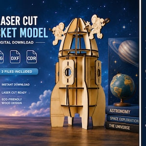 May include: A laser cut wooden rocket model featuring two astronaut figures attached to the top. The text reads LASER CUT ROCKET MODEL, DIGITAL DOWNLOAD, SVG, DXF, CDR, 3 FILES INCLUDED, INSTANT DOWNLOAD, LASER CUT READY, and ECO-FRIENDLY WOOD DESIGN.
