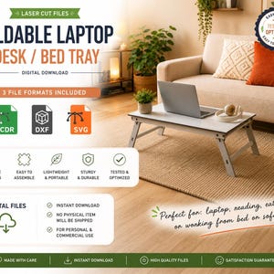 May include: Digital download for a foldable laptop desk or bed tray laser cut file. Includes CDR, DXF, and SVG formats. The design features a white rectangular surface with foldable legs, shown in a living room setting with a laptop on top.