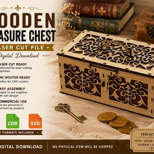 Könnte beinhalten: Eine rechteckige Schatztruhe aus Holz mit filigranen, lasergeschnittenen Mustern auf dem Deckel und den Seiten sowie einem zentralen Verschluss. Der Text lautet WOODEN TREASURE CHEST, LASER CUT FILE, Digital Download, inklusive DXF-, CDR- und SVG-Symbolen.