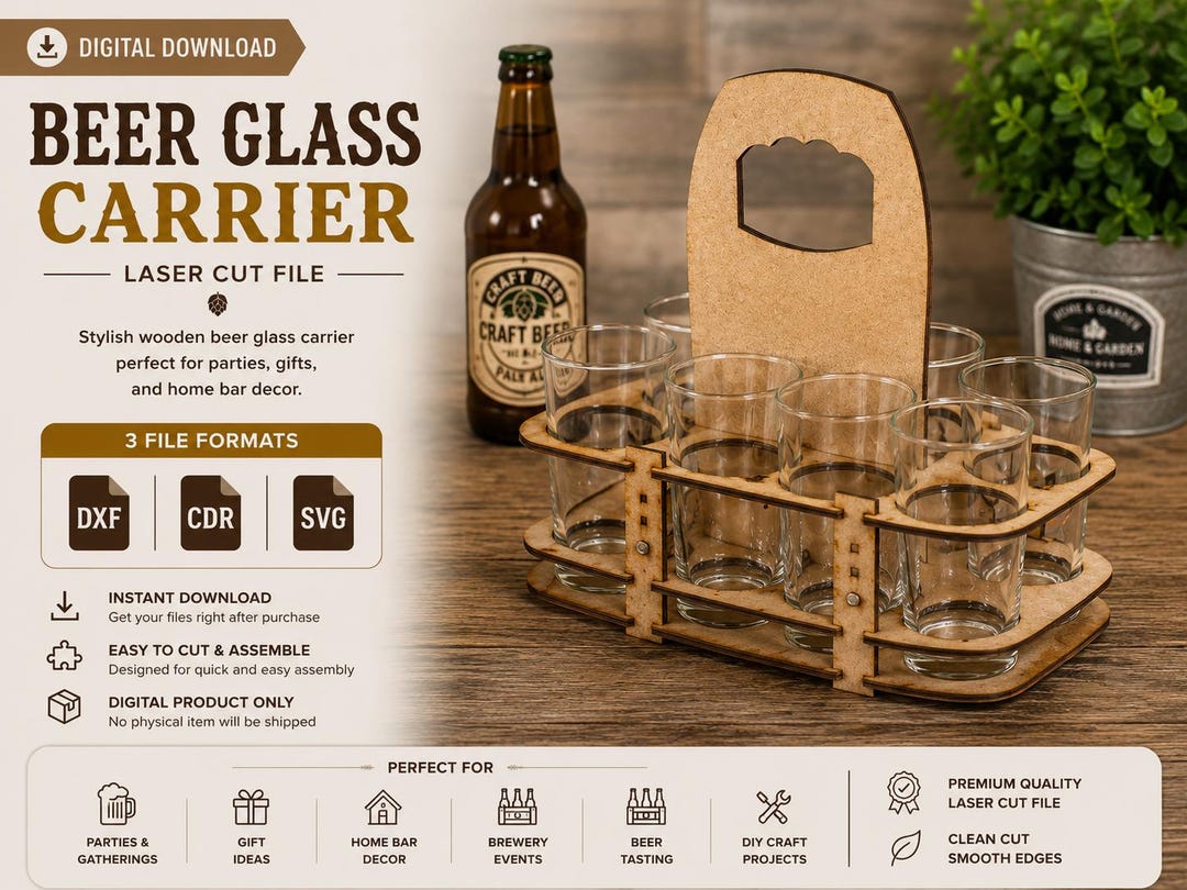 Laser Cut Wooden Beer Flight Tray SVG, Beer Glass Carrier DXF, Beer ...