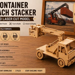 Container Reach Stacker Laser Cut Dateien SVG DXF CDR | Hölzerner Container Handler 3D Puzzle Modell | CnC Holzbearbeitung Digital Download
