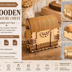 May include: A laser-cut wooden treasure chest box with a curved lid, featuring intricate decorative patterns on the sides and front. The digital download file includes DXF, CDR, and SVG formats for assembly, showcasing a light brown wood finish.
