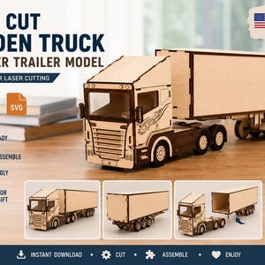 May include: A laser cut wooden truck container trailer model with light wood panels and dark brown accents. The text reads LASER CUT WOODEN TRUCK CONTAINER TRAILER MODEL, DIGITAL FILES FOR LASER CUTTING, DXF, CDR, SVG, LASER READY, EASY TO ASSEMBLE, ECO FRIENDLY MATERIAL, PERFECT FOR HOBBY & GIFT, MADE BY MAKERS, FOR MAKERS IN THE USA, 3 DIGITAL FILES.