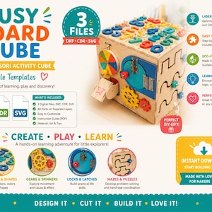 May include: A digital file template for a wooden busy board cube featuring numbers, gears, spinners, locks, latches, and mazes. The text includes Busy Board Cube, Montessori Activity Cube, Digital File Templates, and Create Play Learn.