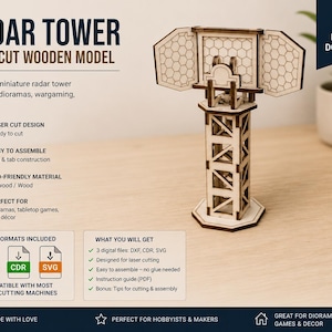 Könnte beinhalten: Ein lasergeschnittenes Holzmodell eines Radarturms mit einer hohen, offenen Stützstruktur und einem oberen Abschnitt mit zwei Seitenpaneelen, die ein hexagonales Gittermuster aufweisen. Der Text RADAR TOWER LASER CUT WOODEN MODEL ist zusammen mit Symbolen und Dateiformaten wie DXF, CDR und SVG zu sehen.