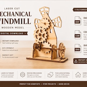 Könnte beinhalten: Ein lasergeschnittenes mechanisches Windmühlenmodell aus Holz mit einem zentralen Getriebesystem und rotierenden Flügeln. Das Bild enthält den Text: LASER CUT MECHANICAL WINDMILL WOODEN MODEL, 3 FILE FORMATS INCLUDED, DXF, CDR, SVG, INSTANT DOWNLOAD.
