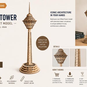 Op de afbeelding: Een lasergesneden houten model van de Milad-toren in Teheran, Iran. De digitale download bevat DXF-, CDR- en SVG-bestanden voor montage. De afgewerkte structuur heeft een hoge, slanke schacht met een gedetailleerde basis en observatiedek.