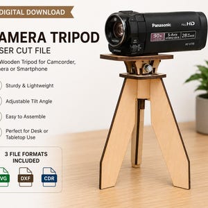 May include: A light-coloured wooden tripod with a flat top platform and three legs, supporting a black Panasonic camcorder. The image includes text: DIGITAL DOWNLOAD, CAMERA TRIPOD LASER CUT FILE, DIY Wooden Tripod, and 3 FILE FORMATS INCLUDED.