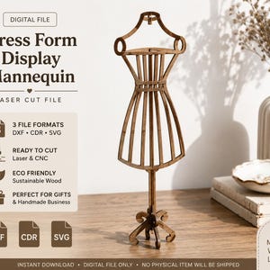 Op de afbeelding: Een bruin houten paspop display mannequin laser snijbestand. De tekst luidt: Digital File, Dress Form Display Mannequin, Laser Cut File, 3 File Formats DXF CDR SVG, Ready to Cut Laser & CNC, Eco Friendly Sustainable Wood, Perfect for Gifts & Handmade Business, DXF, CDR, SVG, Made with Love, Instant Download, Digital File Only, No Physical Item Will Be Shipped.