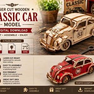 Puede incluir: Un modelo de coche clásico de madera cortado con láser para descarga digital con dos vehículos ensamblados, uno de madera natural y otro pintado de rojo, con texto que incluye LASER CUT WOODEN CLASSIC CAR MODEL, DIGITAL DOWNLOAD, 3 FILES INCLUDED, DXF, CDR, SVG.