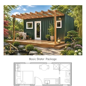 May include: A dark green shipping container home with a wooden deck and pergola, featuring a white door and two windows. Below is a floor plan labeled Basic Stater Package, showing a bed, table, kitchen area, and bathroom layout in a rectangular space.