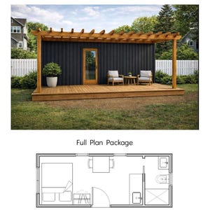 Peut inclure: Une structure extérieure moderne avec un mur à panneaux verticaux noirs, une pergola en bois et une terrasse en bois assortie. Elle comprend une porte vitrée, deux chaises et une petite table. Ci-dessous, un plan intitulé Full Plan Package.