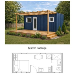 Peut inclure: Une maison conteneur bleue avec une terrasse et une pergola en bois, dotée d'une porte blanche et de deux fenêtres. Ci-dessous, un plan d'étage intitulé Starter Package montre un lit, une table, une cuisine et une salle de bain.