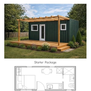 May include: A dark green shipping container home with a wooden deck and pergola, featuring a white door and two windows. Below is a floor plan labeled Starter Package showing a bedroom, bathroom, and kitchen area with a table and chairs.