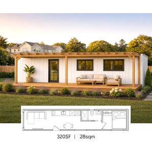 May include: A white rectangular tiny house with vertical siding, a wooden pergola-covered deck, and a black-framed glass door and windows. The exterior features outdoor seating. A floor plan diagram is included, labeled 320SF | 28sqm.