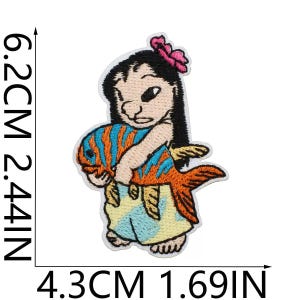 May include: An embroidered patch featuring a cartoon character with black hair and a pink flower, holding a large orange and blue striped fish. The patch measures 6.2 cm by 4.3 cm, which is equivalent to 2.44 inches by 1.69 inches in total size.
