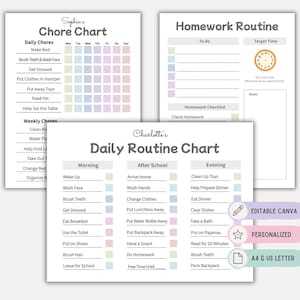 Pacchetto di tabelle per la routine dei bambini, modello Canva modificabile / Routine giornaliera, tabella delle faccende domestiche e pianificatore dei compiti / Programma visivo stampabile per ADHD