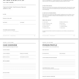 Può includere: Un quaderno di lavoro stampabile di quattro pagine True Crime Case Journal in bianco e nero. Le pagine includono un frontespizio, istruzioni per l'uso, un modulo di panoramica del caso e un modulo per il profilo della persona.