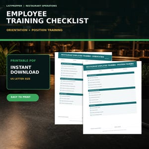 May include: A printable PDF employee training checklist for restaurant operations, featuring two white pages with teal headers and checkboxes for orientation and position training, labeled as US letter size for instant download.