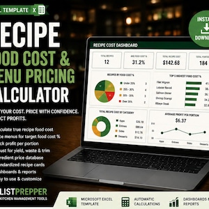 May include: A laptop displaying a Recipe Cost Dashboard Excel template. The screen shows data visualizations including pie charts, bar graphs, and cost metrics. Text on the left reads Recipe Food Cost & Menu Pricing Calculator and ListPrepper.