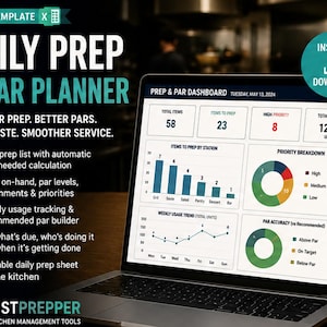 Könnte beinhalten: Ein Laptop zeigt ein Excel-Vorlagen-Dashboard für Daily Prep & Par Planner mit Diagrammen, Grafiken und Datentabellen. Der Bildschirm zeigt Metriken wie Gesamtartikel, vorzubereitende Artikel und eine Prioritätenaufschlüsselung.