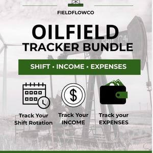 Könnte beinhalten: Werbegrafik für ein Oilfield Tracker Bundle. Der Text "OILFIELD TRACKER BUNDLE" ist fett dargestellt. Symbole stehen für Schichtrotation, Einkommen und Ausgaben, mit dem Text "SHIFT • INCOME • EXPENSES" darunter.