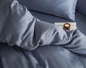 Blue Tencel Cooling Bedding Set, Solid Blue Luxury Ice Silk Duvet Cover, Customizable Soft Bed Linen