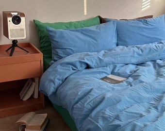 ミニマルなチェック柄コットン寝具セット、綿100％、ソフトコットン4点セット（寮の寝室用シーツ＆掛け布団カバー）、ブルーの掛け布団カバー、グリーンのシーツ