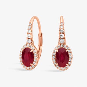 Ruby Halo Drop Earrings, Oval Ruby & Diamond Earrings, White Gold Dangle Earrings, July Birthstone Jewelry, Bridal Wedding Earrings