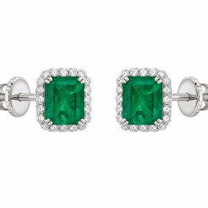 Emerald Stud Earrings, Green Emerald Diamond Studs, Rectangular Emerald Earrings, Rose Gold Earrings, Small Gemstone Earrings, Gift for Her