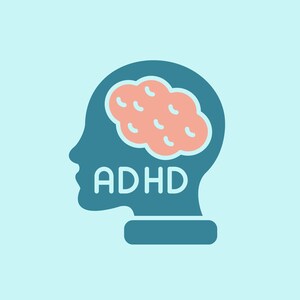 May include: A teal silhouette of a human head in profile featuring a light pink brain graphic inside the cranium and the text ADHD in white capital letters positioned below the brain graphic against a light blue background.