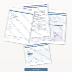 May include: A collection of white paper documents, some with blue borders and text, are arranged on a light background. The documents include forms and a monthly summary, with the text "ME/CFS Energy Envelope Tracker" visible on one. The CalmAnchorCo logo is at the bottom.