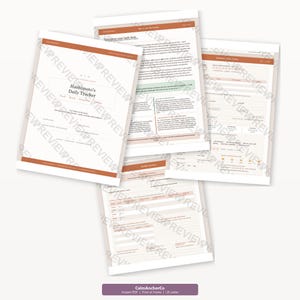 Puede incluir: Un conjunto de páginas PDF imprimibles con un fondo beige claro y un borde marrón. La página superior dice "Hashimoto's Daily Tracker". Otras páginas incluyen texto y secciones para rastrear alimentos, estado de ánimo y síntomas. La parte inferior de la imagen tiene el texto "CalmAnchorCo."