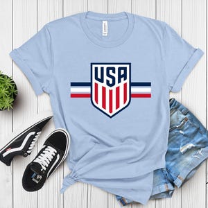USA Soccer Shield Graphic Tee, Patriotic American Football Fan Shirt, USMNT Crest Apparel, United States Soccer Team Gift image 3