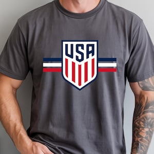 USA Soccer Shield Graphic Tee, Patriotic American Football Fan Shirt, USMNT Crest Apparel, United States Soccer Team Gift image 7