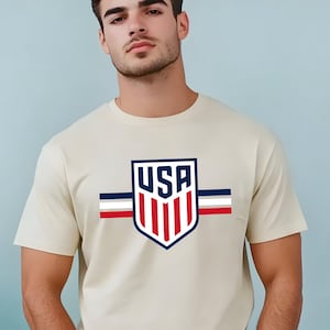 USA Soccer Shield Graphic Tee, Patriotic American Football Fan Shirt, USMNT Crest Apparel, United States Soccer Team Gift image 2