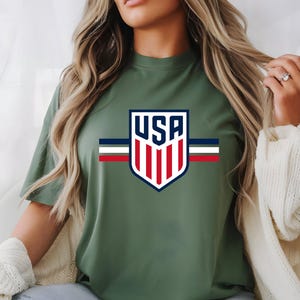USA Soccer Shield Graphic Tee, Patriotic American Football Fan Shirt, USMNT Crest Apparel, United States Soccer Team Gift image 4