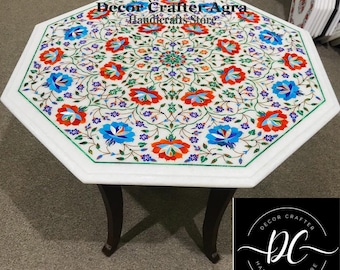 Tavolino da caffè ottagonale con intarsi in marmo realizzati a mano / Tavolino d'appoggio floreale in pietra dura