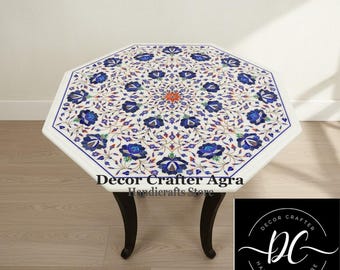 Mesa de centro con incrustaciones de lapislázuli / Mesa auxiliar Pietra Dura hecha a mano / Mesa de centro de mármol blanco / Muebles de lujo para la decoración del hogar