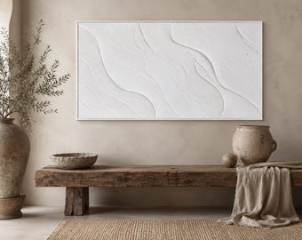 Minimalist White Textured Oil Painting, Wabi Sabi Relief Wall Art, Hand Painted Flowing Line Canvas Decor