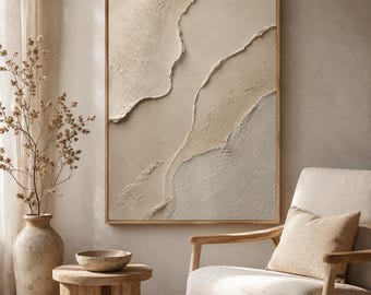Neutraal getextureerd olieverfschilderij, Wabi Sabi abstracte muurkunst, handgeschilderd beige reliëf canvas decor