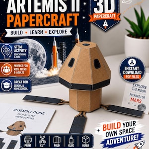 May include: A 3D papercraft model of a spacecraft capsule with brown cardboard panels and black accents, featuring extended solar panels. The model is displayed alongside an assembly guide, instructional text, and promotional graphics for an Artemis II project.