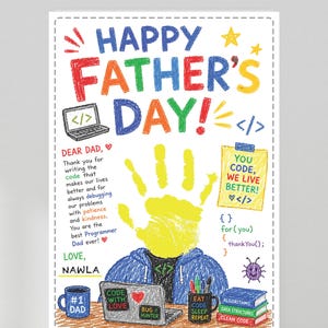 Vaderdagcadeau Handafdruk bord Craft |  Cadeau voor vader programmeur | DIY voor de kleuterschool | Afdrukbare aandenken voor kinderen (pdf-download)