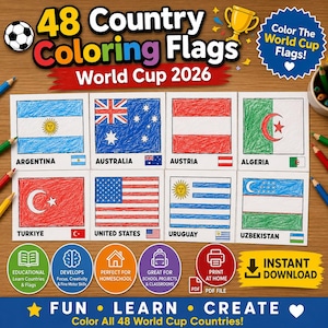 Puede incluir: Una hoja de actividades para colorear imprimible titulada 48 Country Coloring Flags World Cup 2026 que presenta ocho banderas nacionales coloreadas a mano, incluyendo Argentina, Australia, Austria, Argelia, Turquía, Estados Unidos, Uruguay y Uzbekistán.