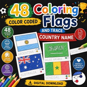 Può includere: Un set di attività da colorare digitale con 48 bandiere, guide a colori e nomi di paesi da ricalcare. L'immagine mostra esempi delle bandiere di Argentina, Australia, Arabia Saudita e Senegal, insieme a matite colorate e varie icone.