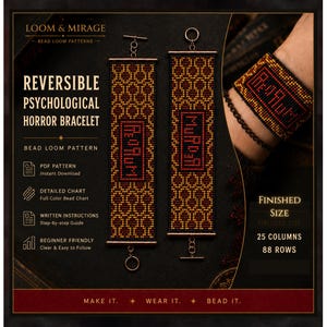 Könnte beinhalten: Ein digitales Webmuster für ein reversibles psychologisches Horror-Armband. Das Design zeigt ein sich wiederholendes Muster in Gold und Rot mit den Wörtern "REVERSIBLE" und "HORROR" in fetter Schrift. Die fertige Größe beträgt 25 Spalten mal 88 Reihen.