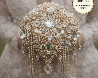 Gold Crystal Brooch Bridal Bouquet – Glam Art Deco Cascade, Handmade Luxury Wedding Bouquet