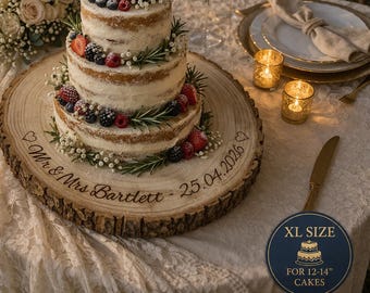 Spersonalizowany stojak na ciasto w kształcie kawałka drewna, grawerowany rustykalny drewniany stojak na ślub, spersonalizowany grawerowany kawałek drewna, deska na deser zaręczynowy