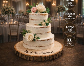 Présentoir à gâteau en tranches de bois personnalisé, présentoir de mariage rustique gravé, tranche de bûche gravée personnalisée, panneau d'affichage à dessert de fiançailles